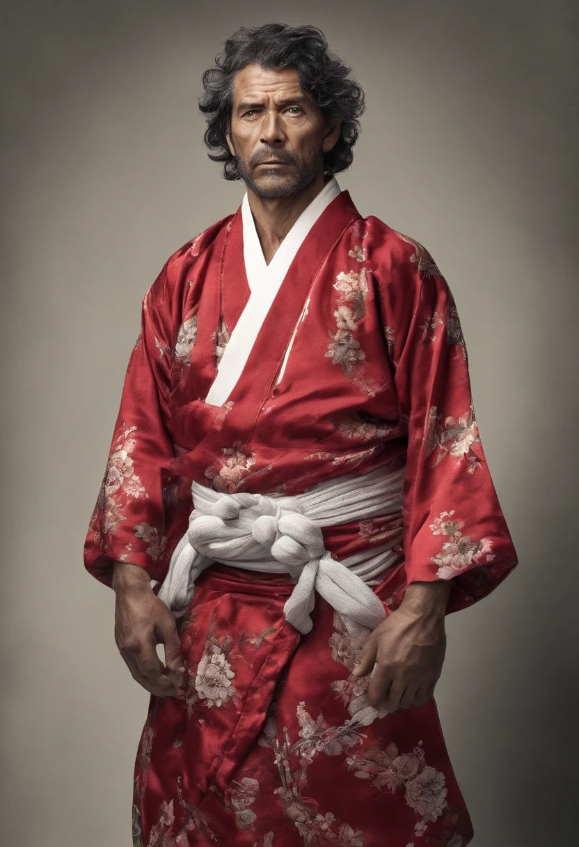 Homem forte de cabelos vermelhos, musculoso, kimono branco, folded arms, olhar penetrante, poder de fogo, um rei, A man of frightening presence,