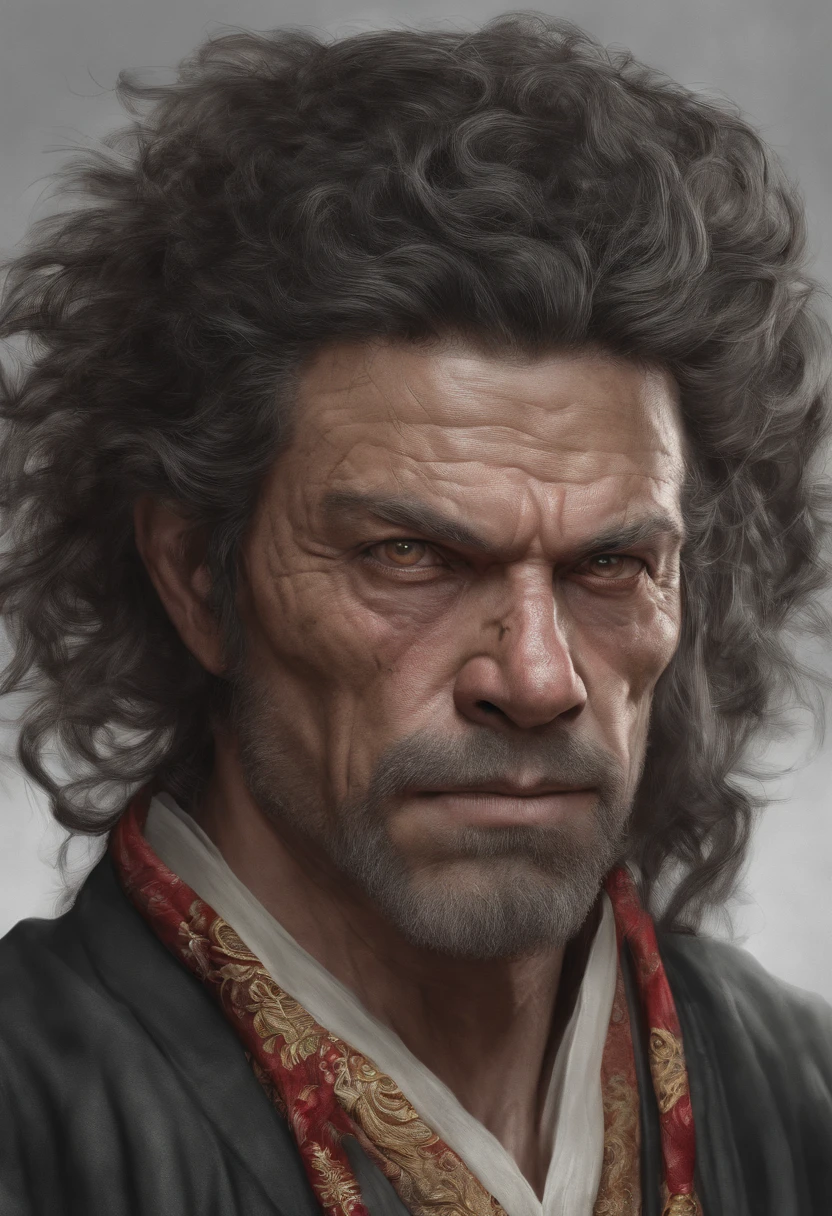 Homem forte de cabelos vermelhos, musculoso, kimono branco, folded arms, olhar penetrante, poder de fogo, um rei, A man of frightening presence,