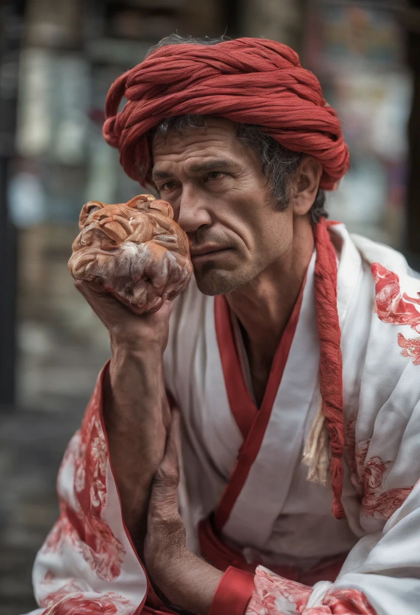 Homem forte de cabelos vermelhos, musculoso, kimono branco, folded arms, olhar penetrante, poder de fogo, um rei, A man of frightening presence,