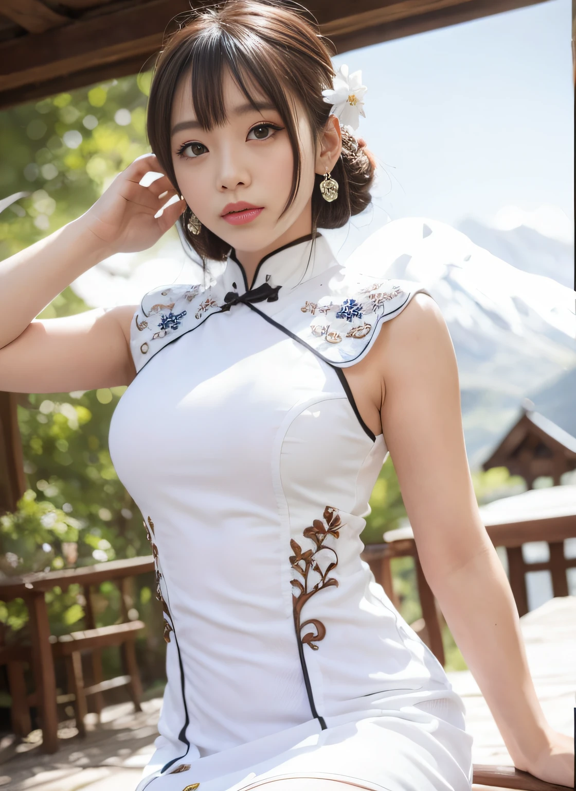 Woman in cheongsam mini dress with white pattern、Swinging a sword、hair adornments、snow mountains