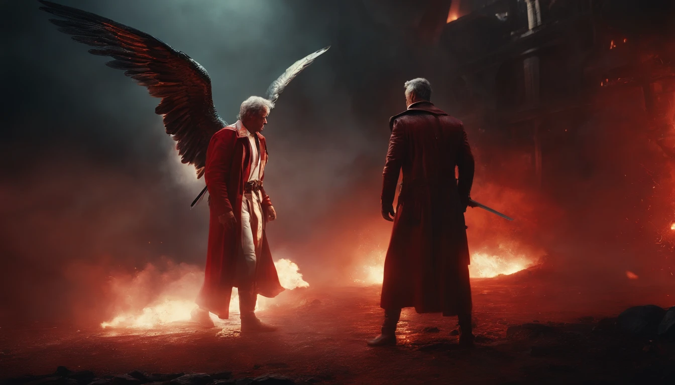 a warrior angel of light in white clothes and a warrior angel of darkness wearing red clothes fighting, batle is epic, cinematic, 4k, Steven Spielberg epic film, sharp focus, emitting diodes, smoke, artillery, sparks, racks, system unit, motherboard , by pascal blanche rutkowski repin artstation hyperrealism painting concept art detailed character design vibrant painting, Blade Runner in 4K resolution