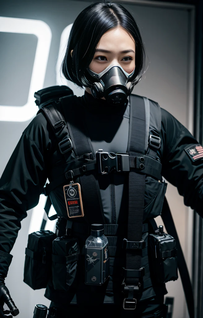 Highest image quality, outstanding details, ultra-high resolution, (realism: 1.4), ((close up:0.75, from front)), Photorealistic, highly condensed 1 lady, full body, aiming with a rifle, Combat pose, (Detailed face), looking at the camera, (a bit chubby:0.45), (cloths color black:0.4 white:0.5 other-color:0.1), (wearing nylon rash-guard as police uniform, gloves, Fingers are occluded, black and gray mecha, wearing futuristic-gasmask, military harness, holding a machinegun, carrying hich-tech-backpack), background greywall,