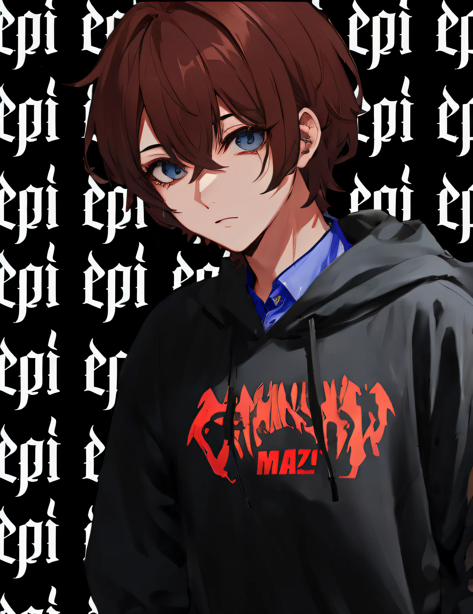 de anime em um moletom preto com um logotipo vermelho e preto, chain saw man, Fanart oficial, Persona 5 Estilo Arte wlop, Epic anime style, Fanart, chainsaw man manga, por Ei-Q, Gapmoe Yander, menacing stare, Anime Wallaper, estilo anime masculino, Fanart detalhado, Akane Owari Danganronpa, Makoto
