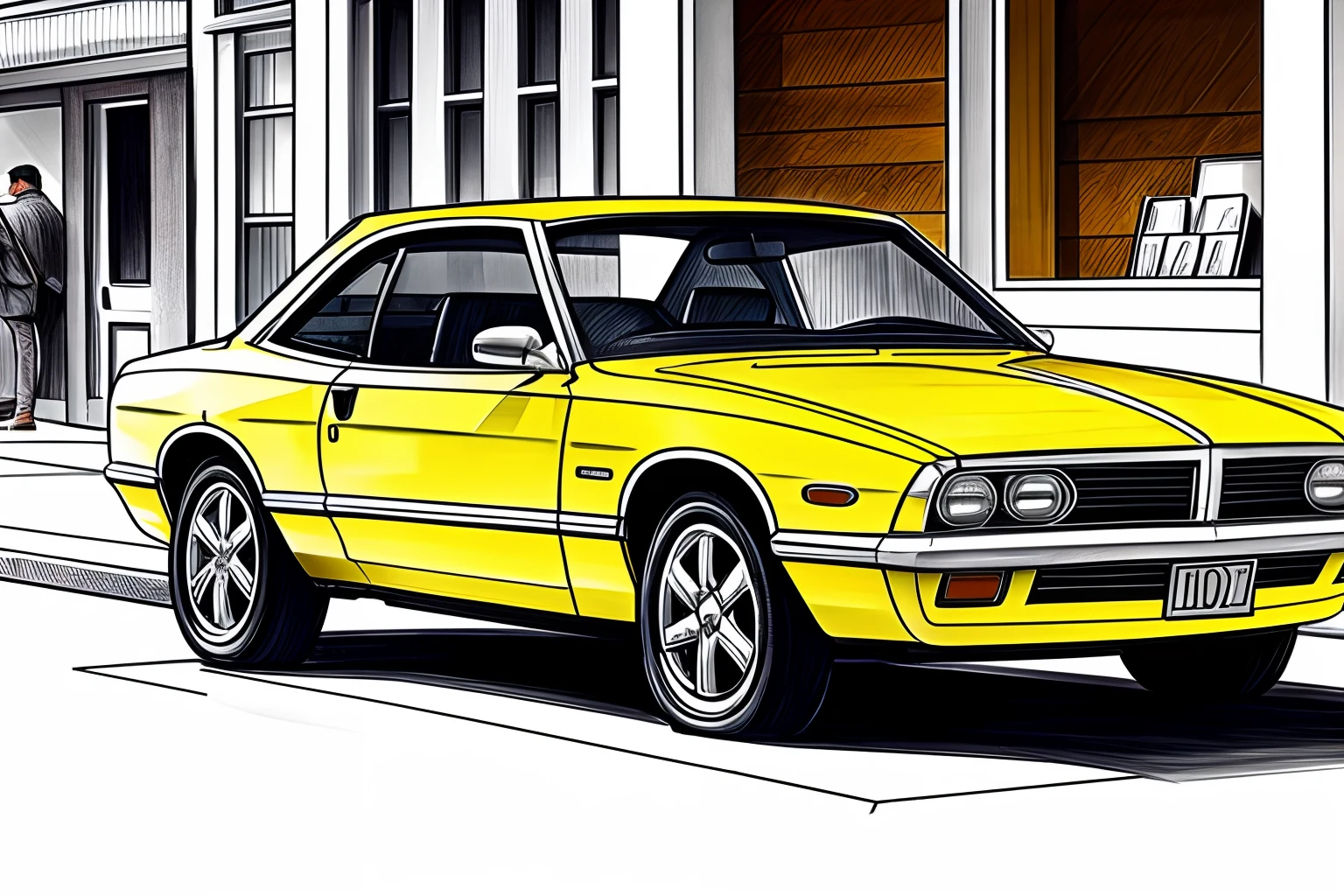 Sketch of a car parked in front of a store