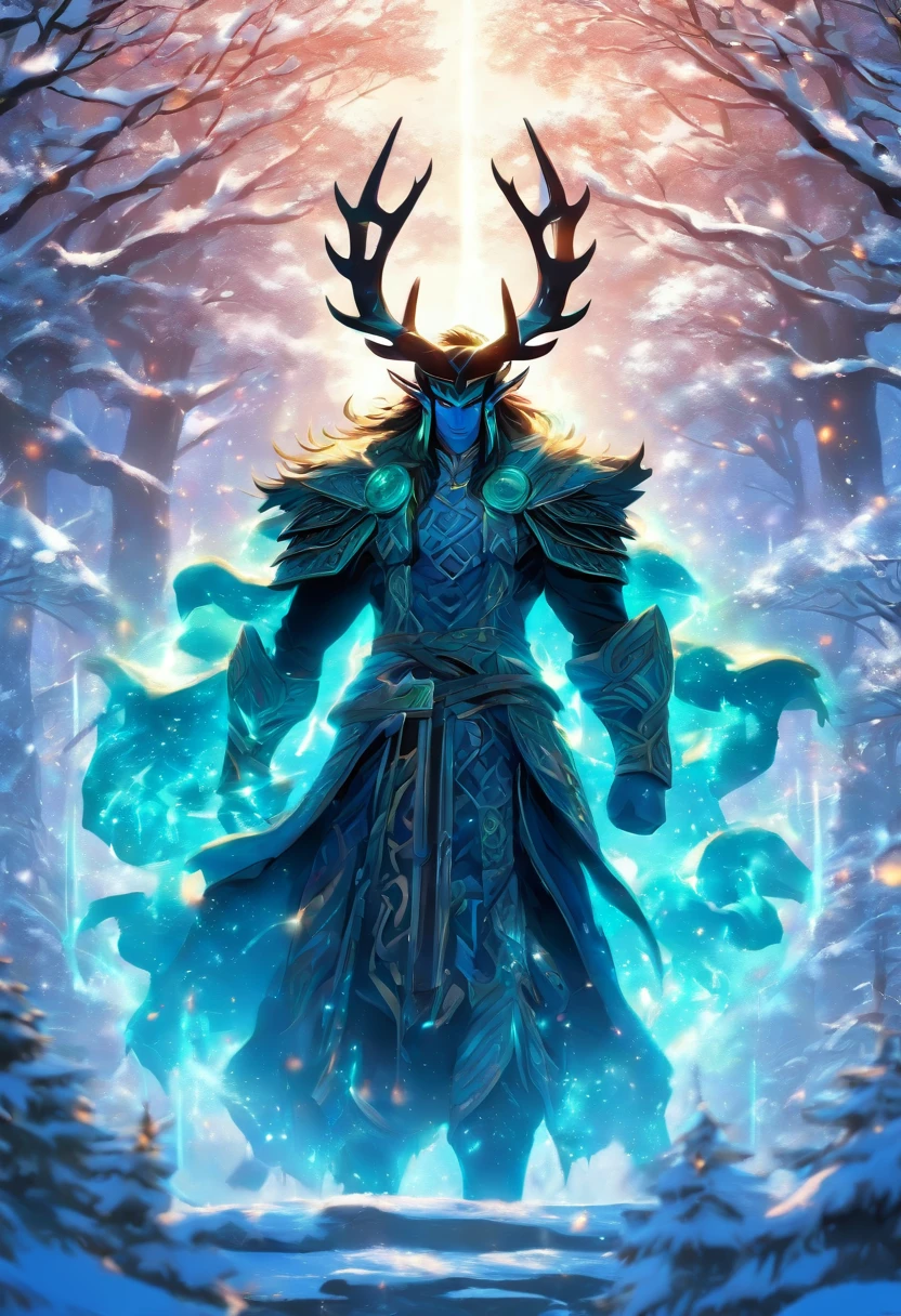 the best quality, very high resolution, detailed 4K CG, master piece, Loki, god of trickery, Norse god, rune tattoos, snow, tall trees, blue sky, Norse mythology, rune tattoo, beautiful aesthetics, Beautiful image, full body ,focus on man