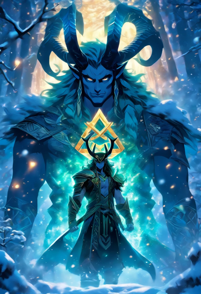 the best quality, very high resolution, detailed 4K CG, master piece, Loki, god of trickery, Norse god, rune tattoos, snow, tall trees, blue sky, Norse mythology, rune tattoo, beautiful aesthetics, Beautiful image, full body ,focus on man