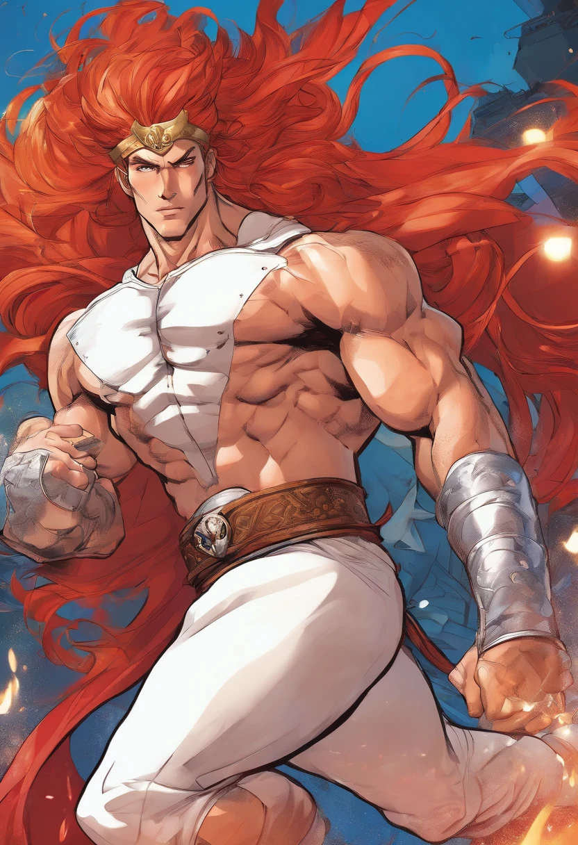 (masterpiece, Best quality:1.2), fox boy, body covered with hair, Fluffy style,sexual,horny,very muscular wild ,full height,sinewy massive muscles, very long red hair,freckles on the body and face,green eyes,certain muscles,wet body from sweat, Very tanned skin,sharp focus, young , friendly,Angel wings, stands high