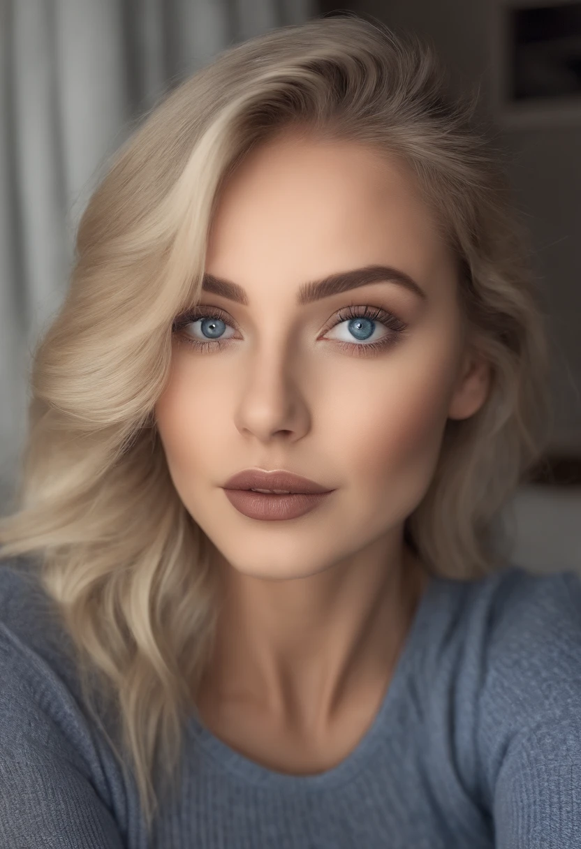 arafed frau voll , Sexy girl with blue eyes, ultra realistisch, Akribisch detailliert, portrait sophie mudd, blonde hair and large eyes, Selfie einer jungen Frau, Augen im Schlafzimmer, Violet Myers, ohne Make-up, Natural makeup, Blick direkt in die Kamera, Gesicht mit Artgram, dezentes Make-up, Stunning full body shot, die auf dem Bett kniet, im Schlafzimmer, medium to large bust size