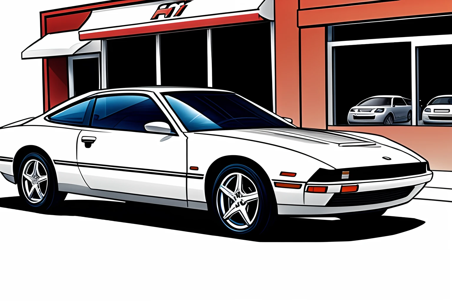 Sketch of a car parked in front of a store