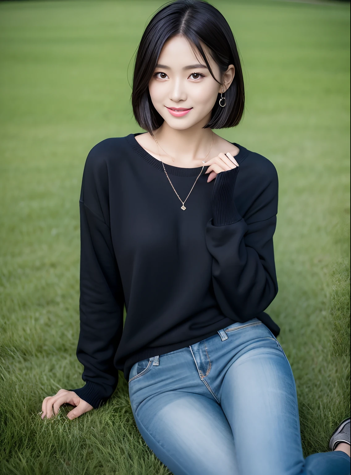 (rain, grassy fields: 1.3), 1 beautiful woman taking pictures on the grass,RAW photos,tmasterpiece,(highdetailskin:1.2),8k ultra high definition,digital SLR camera,gentlesoftlighting,high high quality,filmgrain,富士XT3,20 years old Asian woman,black oversized sweatshirt. Dark gray skinny sweater(Slim,Fit snugly to the body,Show beautiful curves)and trendy jeans with open navels,Detailed clothing details:1.5,perfect body figure,The calves are straight and slender,((Branded fashion travel shoes:1.5)),Melon seed face,short detailed hair,Super detailed facial details and skin,Fair face and fair skin,二重まぶた,Super detailed eyes,A sweet smile,Beautiful accessories,(Gloss on lips, eyeslashes, Glossy face, Best quality, Super high resolution, warm color,Wide lighting, naturalshadow), Sit on the grass and play,Pose coquettishly,Show off your sexy figure, Full body shooting: 1.8