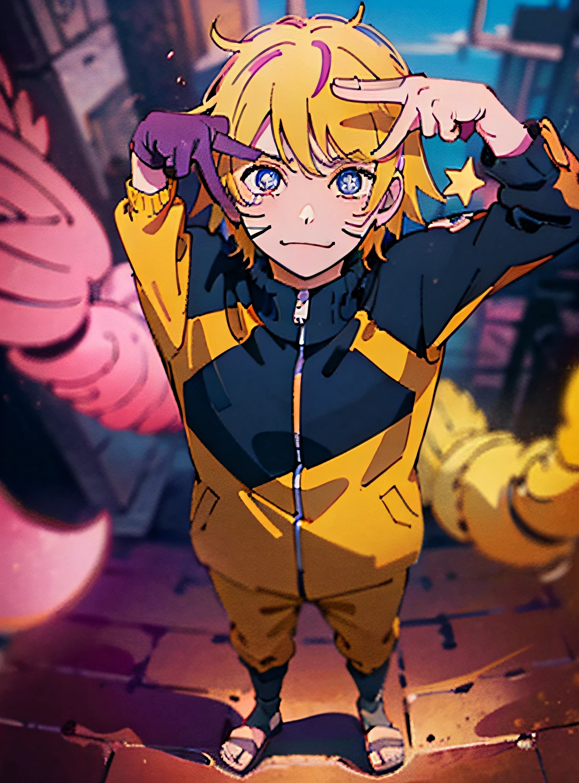 1 boy, full body, cowboy shot,
(Rembrandt), illustration, (masterpiece), (best quality), (ultra_detailed), finely detail, (Depth of field),
HshinoAi,gloves, tongue out, tongue, yellow hair, star \(symbol\), looking at viewer, (purple hair:1.2), blue eyes, upper body, :p, frills, orange jacket, smile,  shirt, idol, symbol-shaped pupils, hands up,naruto hair, one side up, star-shaped pupils, arms up, Hoshino AI pose 
naruto jacket,
Roaring Twenties, isometric, from above, sky, flower, cliff,