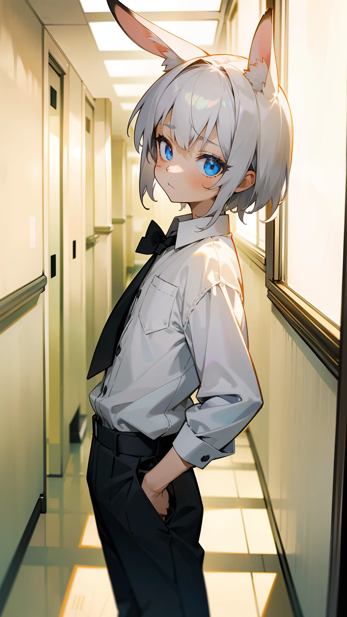 1rabbit boy,(small,****,**********),solo,silver hair,Long rabbit ear,blue eyes,short hair,white shirt,black tie,black pants,innocent face,standing in a school hallway,neutral face, cowboy shot