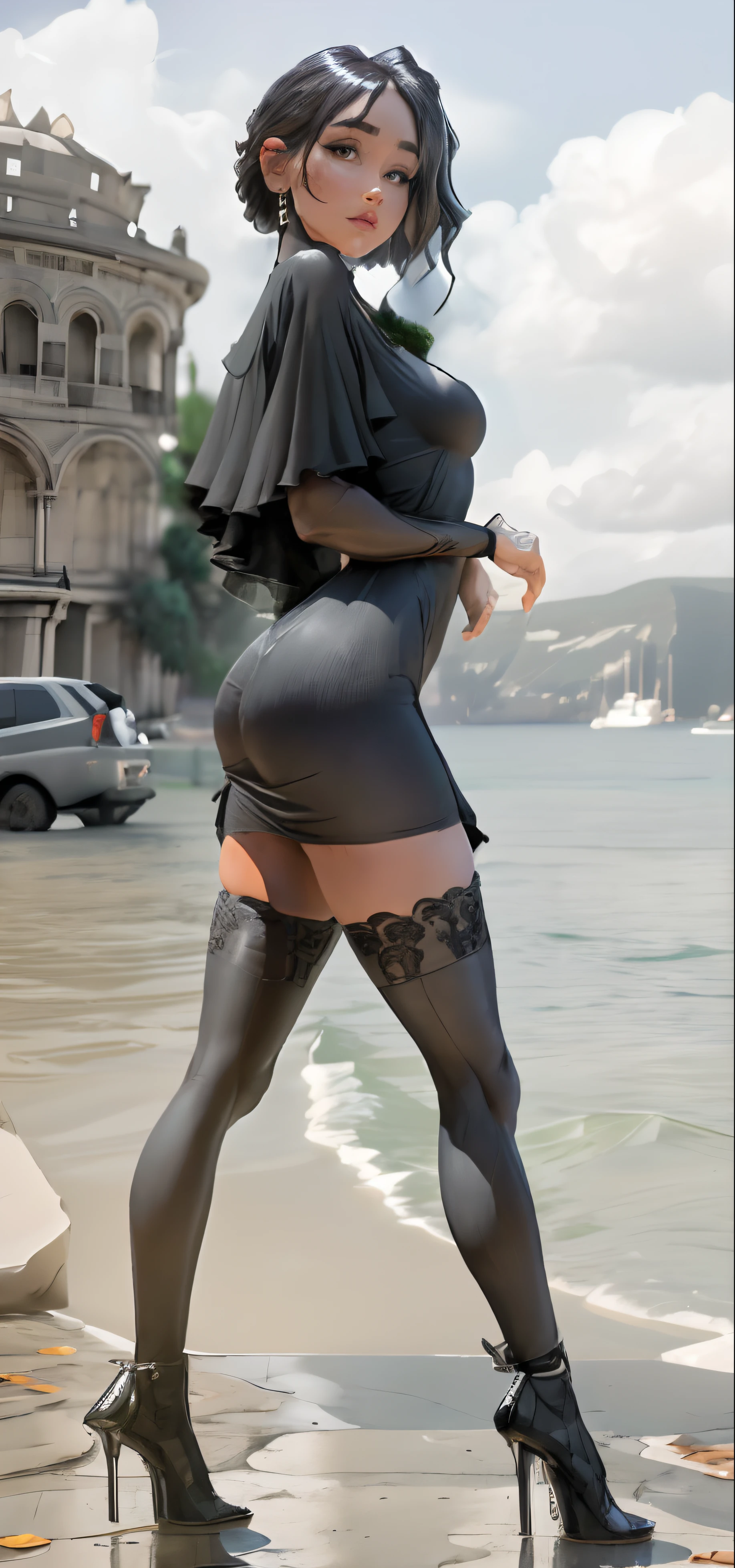 Mujer Araffe con un vestido negro y tacones altos posando para una foto, con un vestido negro ajustado, Vestimenta ajustada, camiseta negra ajustada sin mangas y pantalones cortos, succubus in tight short dress, vestido ajustado, Traje ajustado, vestido ajustado, Vestido todo de negro, Usar ropa simple y ajustada, Ella lleva un vestido negro, buenas caderas y piernas largas