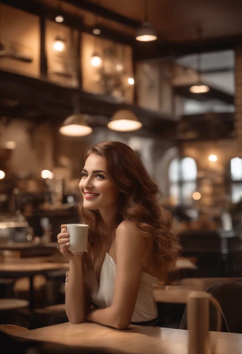 (Fotorrealista: 1.4), (beste-Qualit: 1.0), (ultra highres: 1.0), 8k, Photo RAW, (шедевр: 0.2), 1fille, belle peau, detailed skin, Souriant, assis, Haut du corps, (dame de bureau :1.5, coffee shop:1.5)