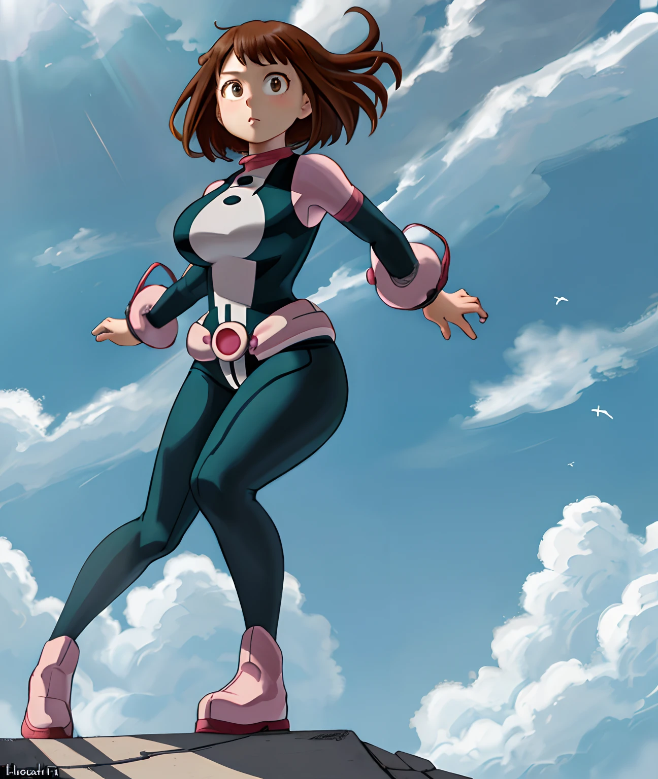 [ochako uraraka], [Boku no hero academia], ((masterpiece)), ((HD)), ((high quality)), ((solo portrait)), ((front view)), ((full body)), ((anime)), ((Kohei Horikoshi)), ((detailed shading)), ((cel shading)), ((intricate details)), {ochako, (rosy cheeks), big round brown eyes, short brown hair, short eyelashes, large boobs, (gorgeous hips), (beautiful legs), ((thicc)), (beautiful lips), (expressionless)}, {(hero costume), (bodysuit)}, {(standing), (arms behind back), (looking at viewer)}, [Background; (sidewalk), (blue sky), (sun rays)]