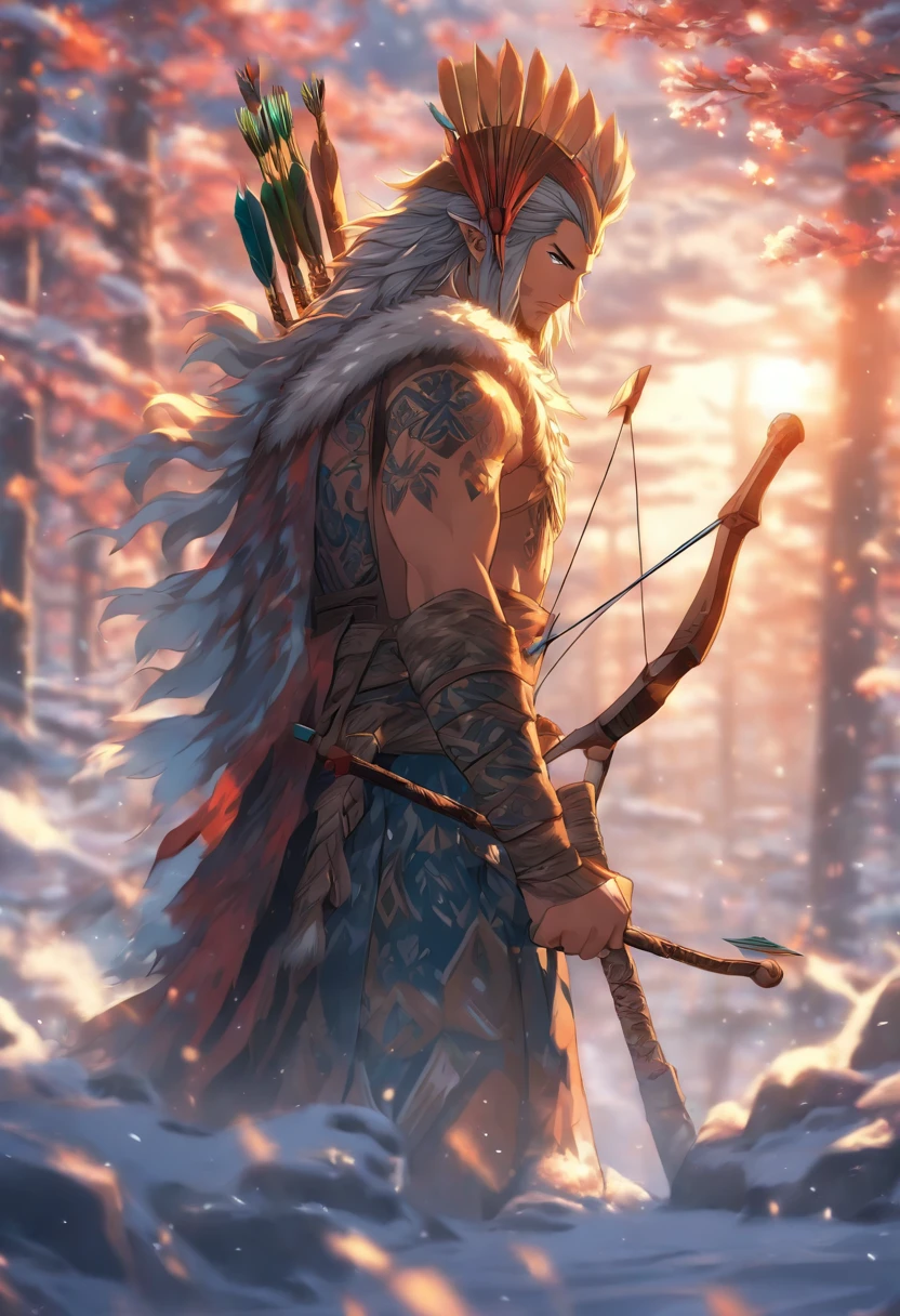 the best quality, very high resolution, detailed 4K CG, master piece, Hodr, blind god, Norse god, bow and arrow, rune tattoos, snow, tall trees, blue sky, Norse mythology, bow, arrows, rune tattoo, aesthetics beautiful, Beautiful image, full body, focus on the man