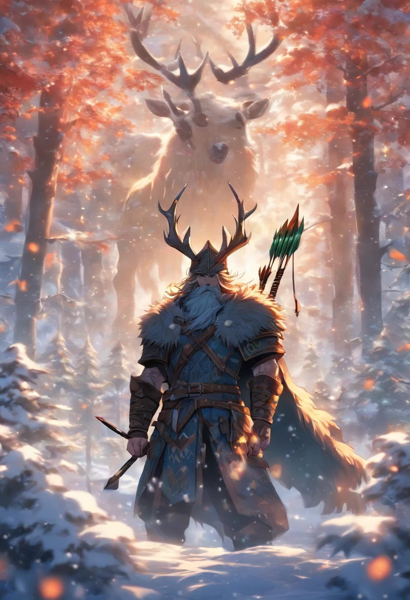 the best quality, very high resolution, detailed 4K CG, master piece, Hodr, blind god, Norse god, bow and arrow, rune tattoos, snow, tall trees, blue sky, Norse mythology, bow, arrows, rune tattoo, aesthetics beautiful, Beautiful image, full body, focus on the man