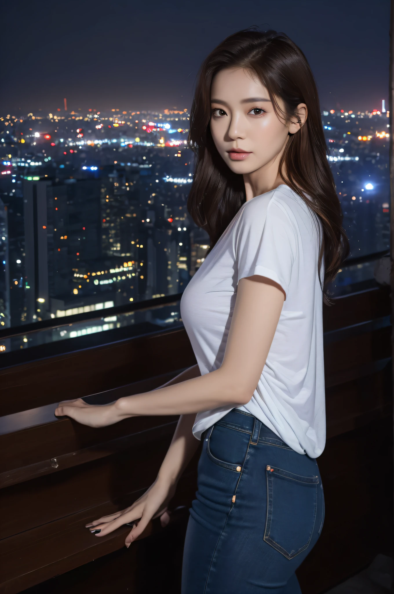 ((Midnight, Best quality, 8k, Masterpiece :1.3)), Whole body, Long legs, Sharp focus :1.2, A pretty woman with perfect figure :1.4, Slender abs :1.1, ((Dark brown hair, Big breasts :1.2)), (White tight tshirt, Jean bib, Standing:1.2), ((Night city view, Rooftop:1.3)), Highly detailed face and skin texture, Detailed eyes, Double eyelid