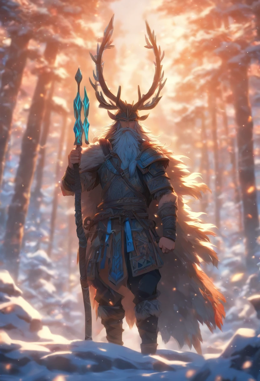 the best quality, very high resolution, detailed 4K CG, master piece, Hodr, blind god, Norse god, bow and arrow, rune tattoos, snow, tall trees, blue sky, Norse mythology, bow, arrows, rune tattoo, aesthetics beautiful, beautiful image, full body, soft profile camera
