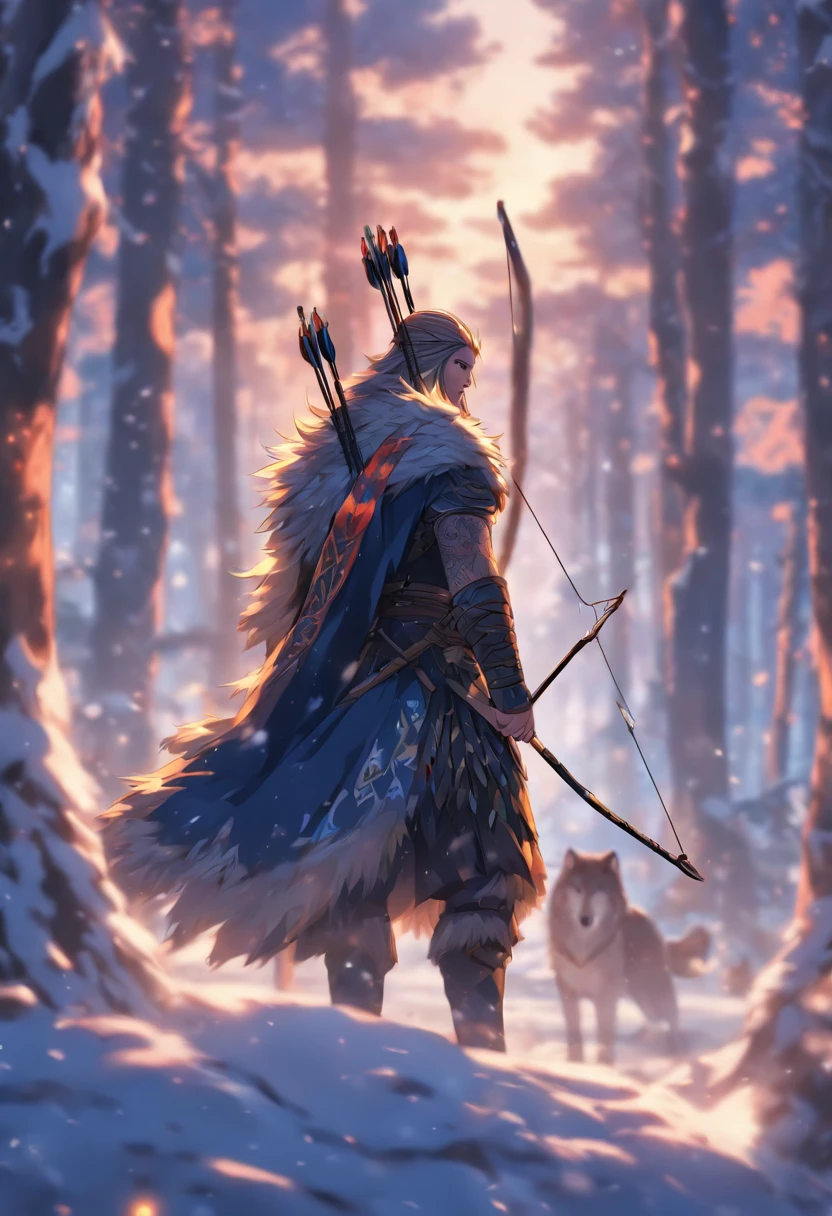 the best quality, very high resolution, detailed 4K CG, master piece, Hodr, blind god, Norse god, bow and arrow, rune tattoos, snow, tall trees, blue sky, Norse mythology, bow, arrows, rune tattoo, aesthetics beautiful, beautiful image, full body, soft profile camera