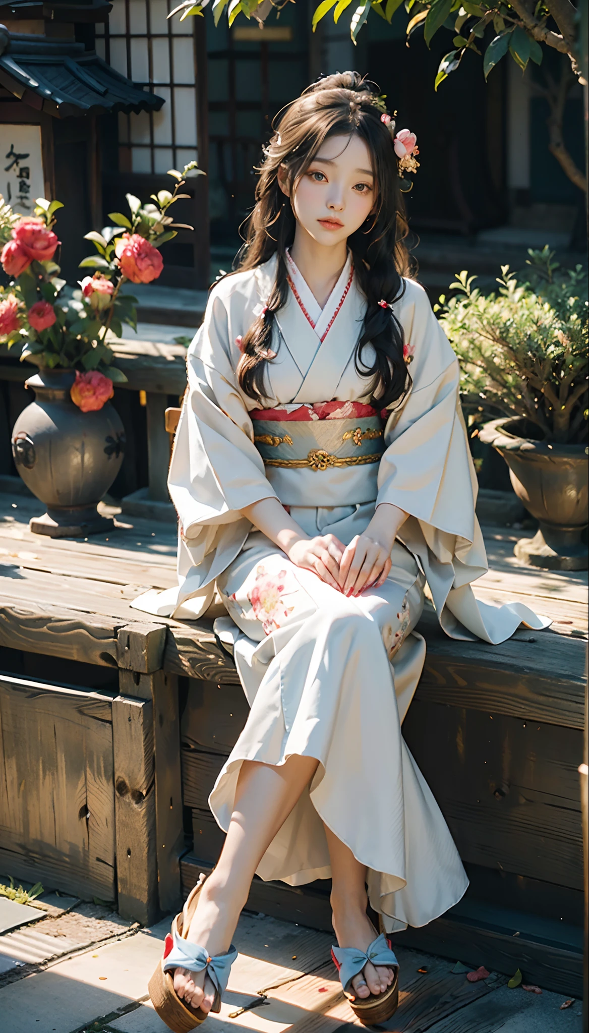 meticulous portrayal of face，1 noblewoman，Hairpins，(Camellia flower kimono)，(Long flowing colored hair)，Simple and elegant Japanese clothing，Collar，(black sock+，clogs)， s the perfect face， perfect hand， Perfect Finger， Perfect lips， perfect  eyes，Extremely normal body，Ancient Japanese town background，Perfect background