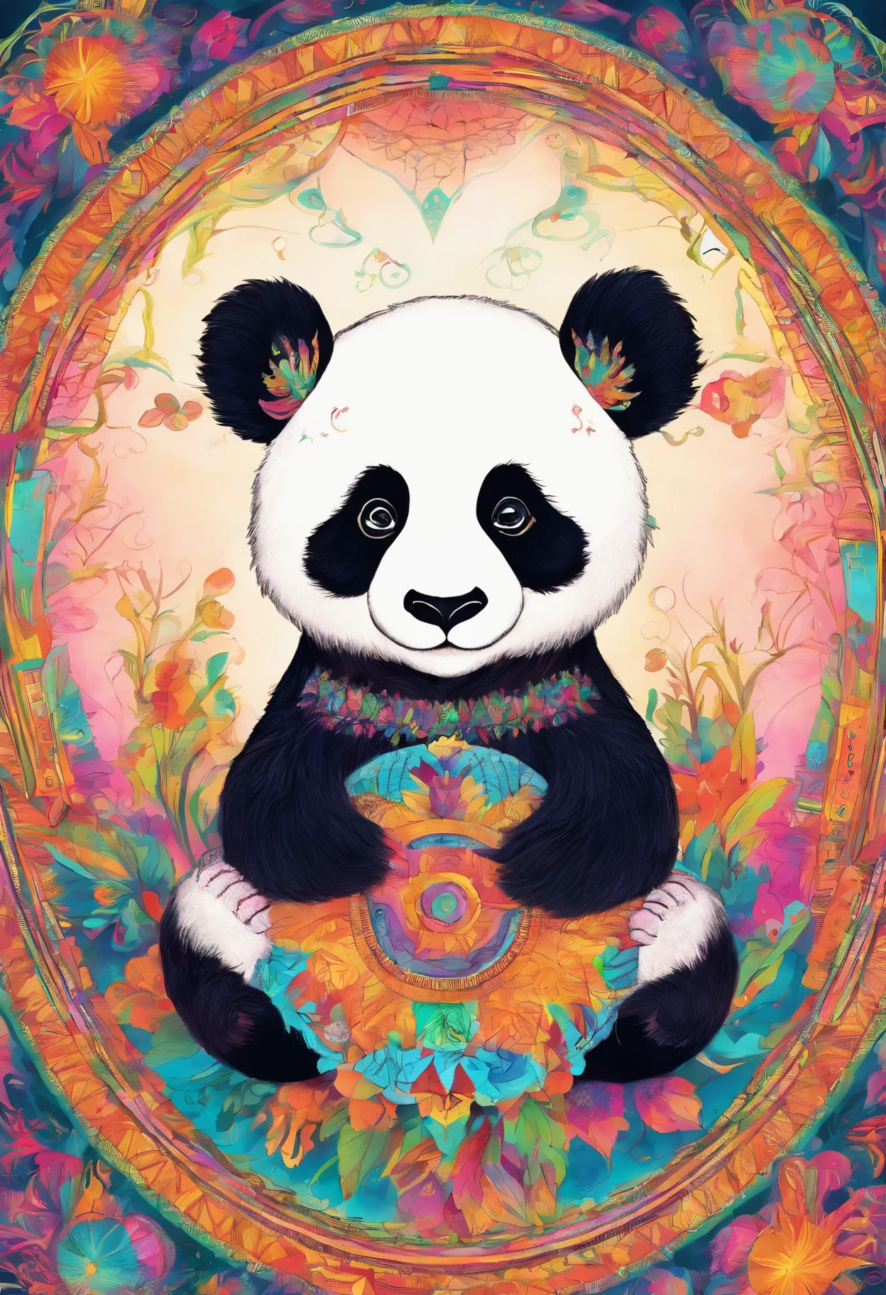 vibrant color drawing of a simple cute panda based mandala