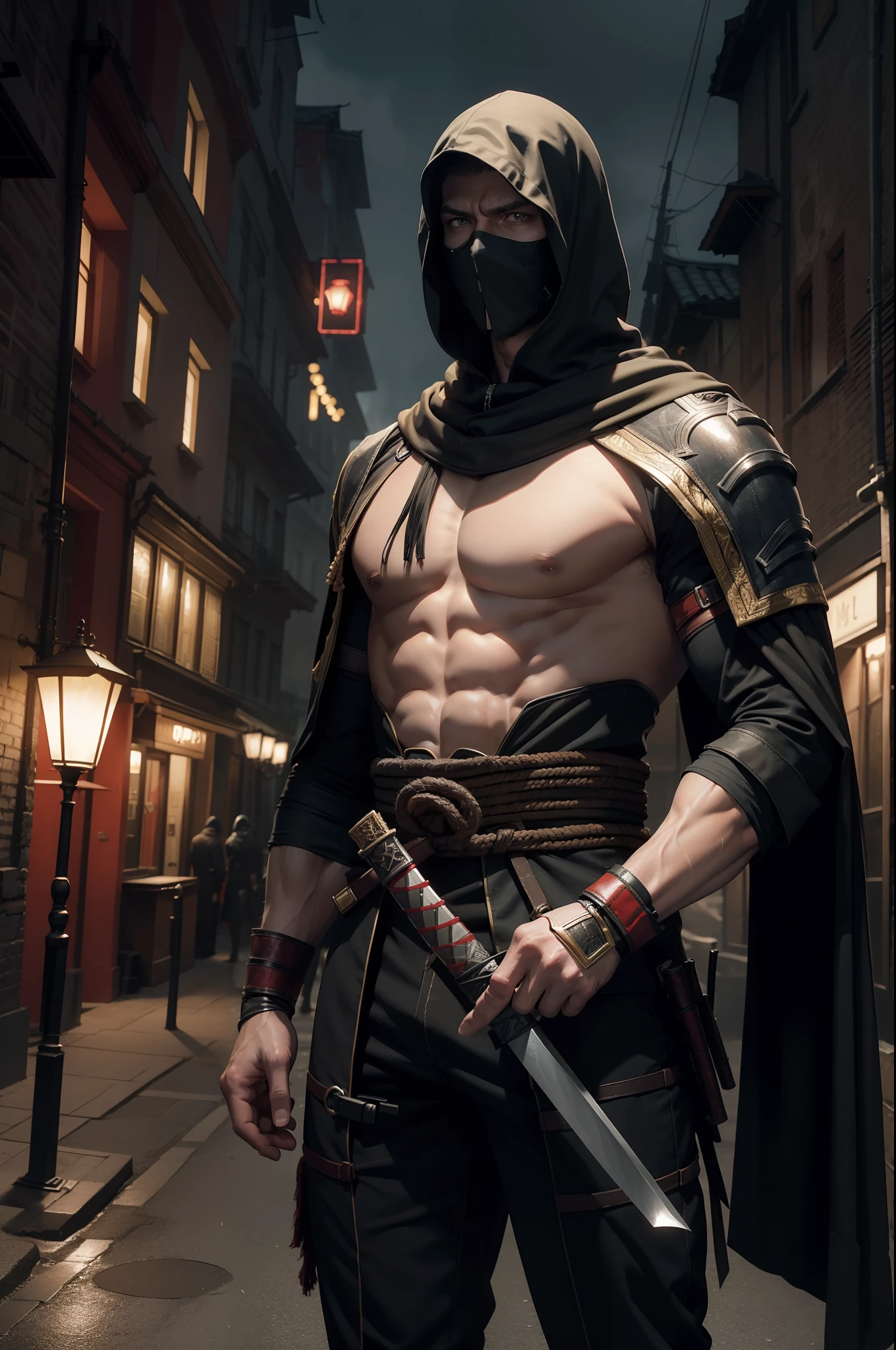 Handsome masked muscular and tall polish man. He wears assassin costume. He has two katanas on his back. It's middle of the night in dark city
