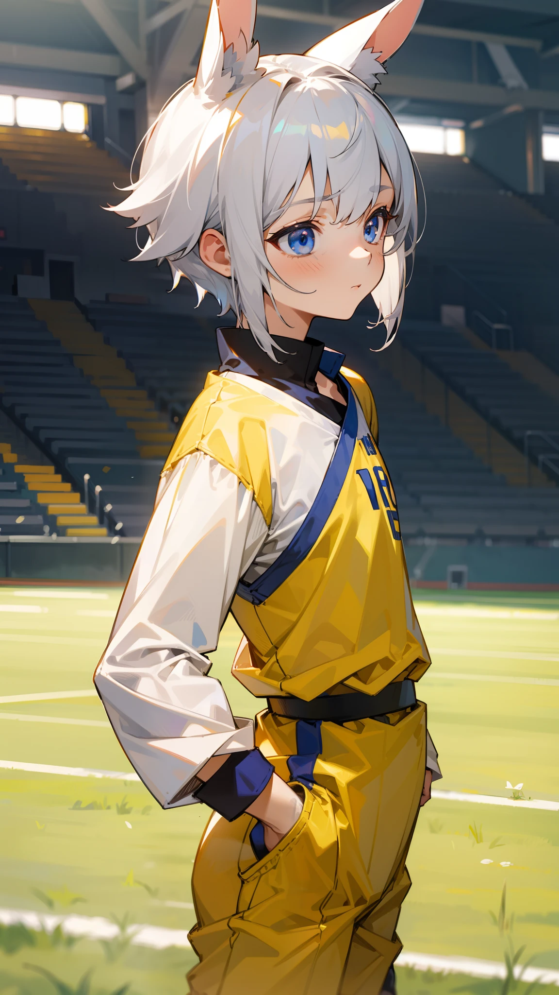 1rabbit boy,(small,****,**********),solo,silver hair,Long rabbit ear,blue eyes,short hair,yellow football outfit,innocent face,standing in a school stadium,neutral face, cowboy shot