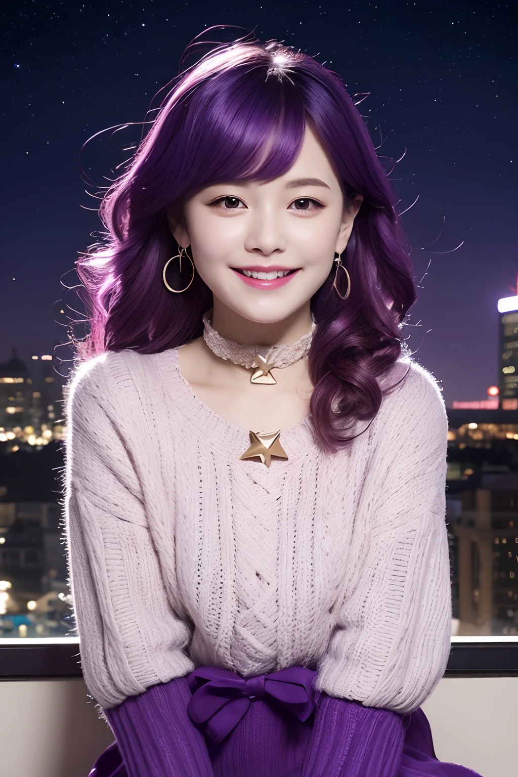 Masterpiece, Best quality, in summer, stars, Cityscape, Realistic, Photo, Real, Huge_filesize, the wallpaper, Little girl, Medium hair, Purple hair, Wavy hair, Cute face, fake smile, Sweater dress, white thighhighs, Boots, Earrings, Collar, pendant,
