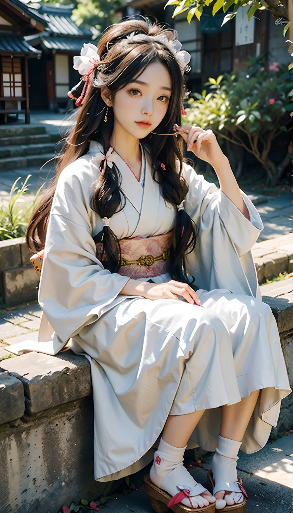 meticulous portrayal of face，1 noblewoman，(Hairpins)，(Camellia kimono)，(Long flowing colored hair)，Simple and elegant Japanese clothing，Collar，(black sock+，clogs)， s the perfect face， perfect hand， Perfect Finger， Perfect lips， perfect  eyes，Extremely normal body，Ancient Japanese town background，Perfect background