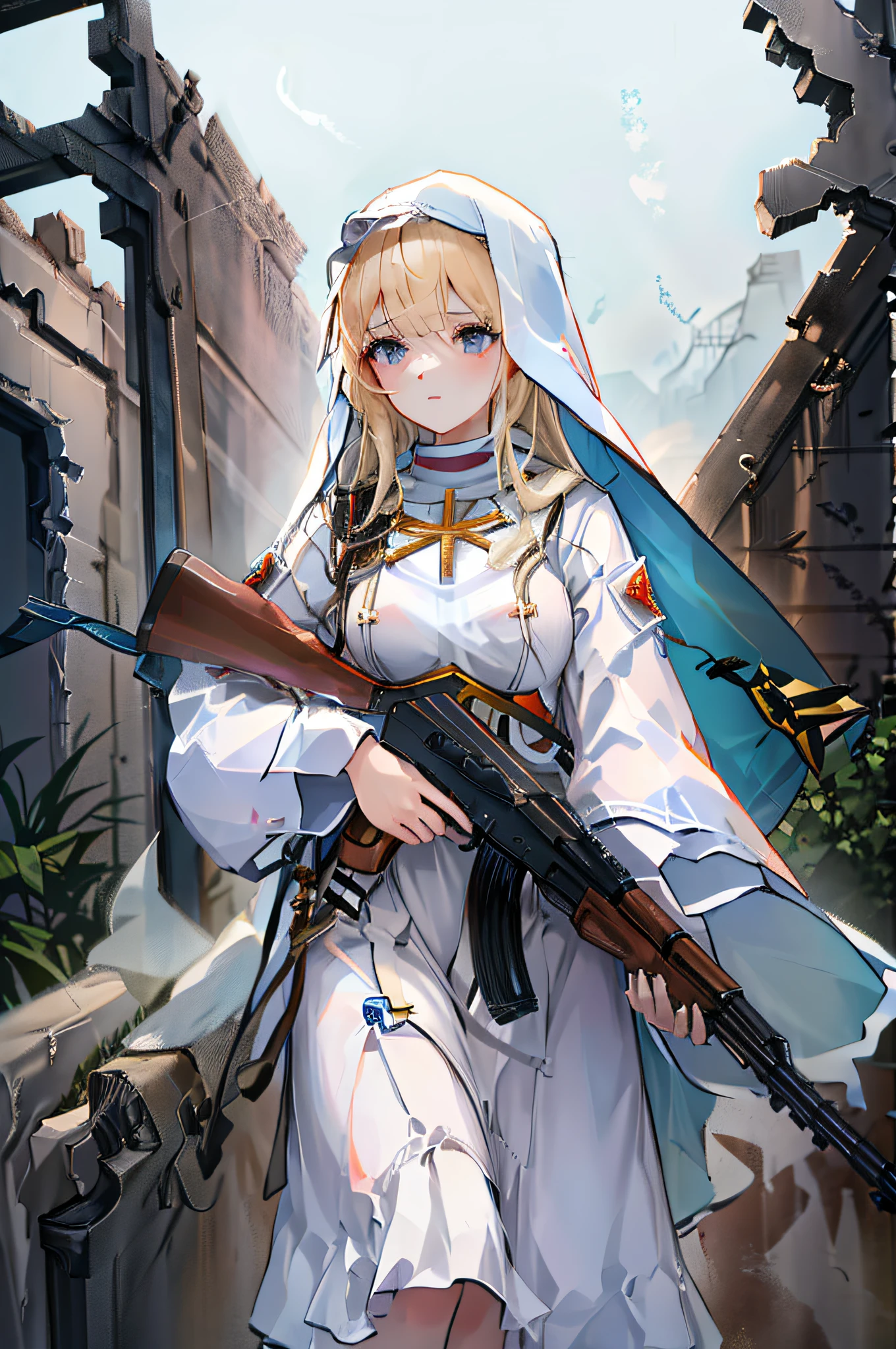 4K,hight resolution,One Woman,a blond,Longhaire,Cultivated woman,White sacred nun long dress,White hood,crosses,akm,ak-47,The sky of a ruined city,nigh sky,natta