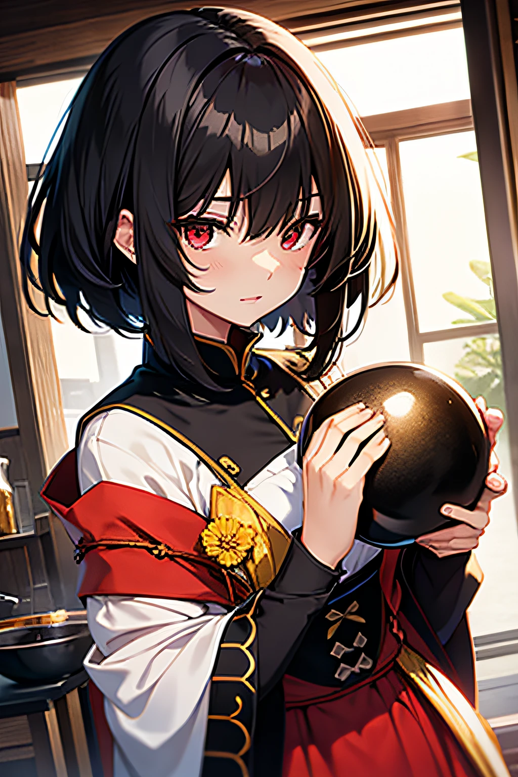 female, Bowl Cut,Black Hair , Red Eyes, Yellow Dress,Shinmyoumaru Sukuna