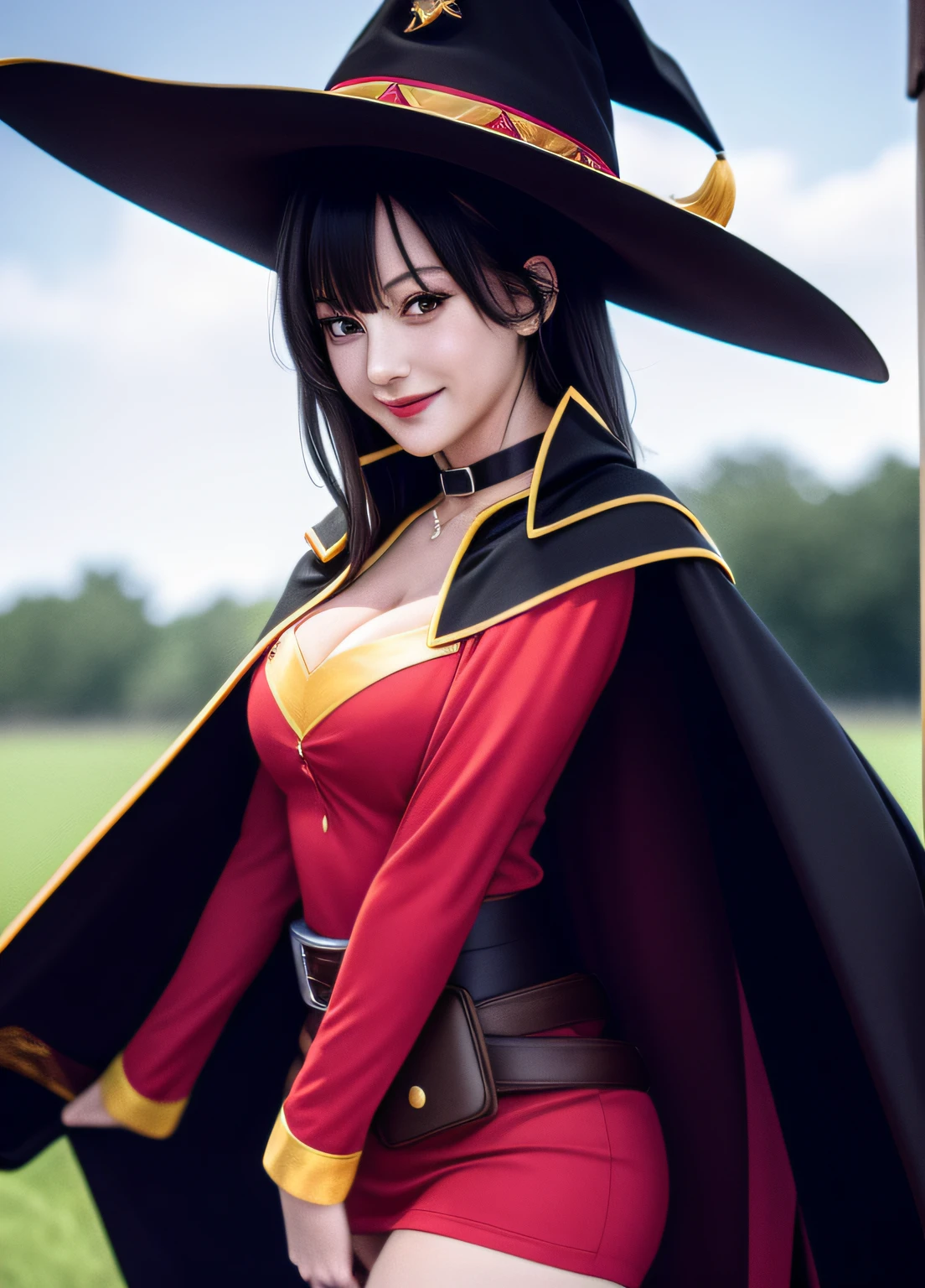 ((masterpiece)), (best quality:1.7), (detailed:1.4), (high res:1.4), 8k, (colorful:1.5), 2d, high resolution, sharped image, 4k, hd, megumin_konosuba, 1girl, (((solo))), ((black hair)), black thighhighs, wicth, witch hat, brown belt, red eyes, red dress, middle body, cowboy shot, smile, ((medium breasts)), (((cape))), peace symbol, long sleeves, cleavage, legs, long legs, school, ((field)), sun, sky, clouds, spread legs, ((looking at viewer)), (((two arms))), (((two hands))), choker, ((black cape)), hands on own hip, belt,