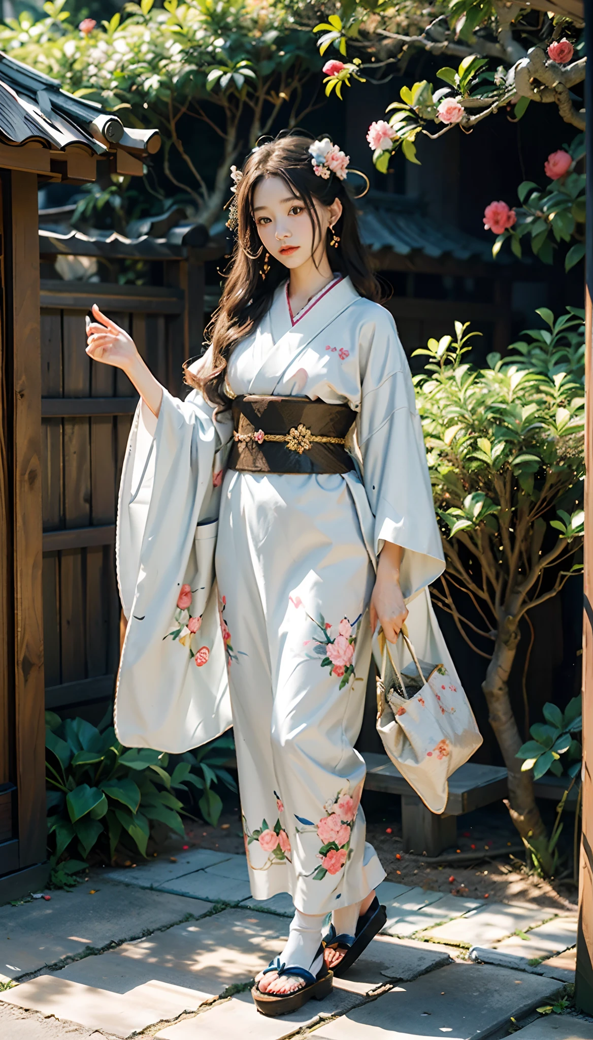 meticulous portrayal of face,1 noblewoman,Hairpins,(Camellia kimono),(Long flowing colored hair),Simple and elegant Japanese clothing,Collar,(black sock+,clogs), s the perfect face, perfect hand, Perfect Finger, Perfect lips, perfect eyes,Extremely normal body,Ancient Japanese town background,Perfect background