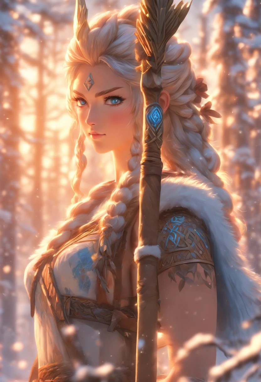 the best quality, very high resolution, detailed 4K CG, master piece, Frigg, mother goddess, Norse goddess, bow and arrow, rune tattoos, snow, tall trees, blue sky, Norse mythology, rune tattoo, beautiful aesthetics, Beautiful image