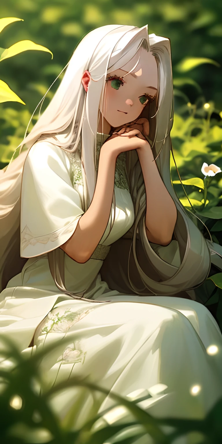 Anime girl with long white hair sitting in the grass - SeaArt AI