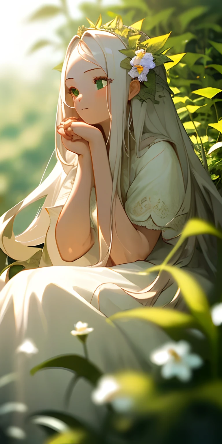 (masterpiece, best quality),1girl with long white hair sitting in a field of green plants and flowers, her hand under her chin, warm lighting, white dress, blurry foreground