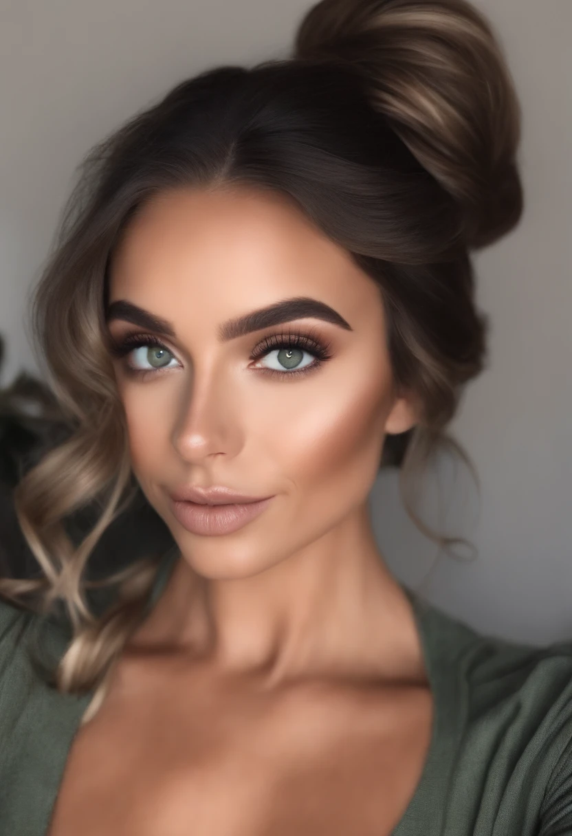 Femme arafed avec pull long et chignon , fille belle aux yeux vert, cheveux bruns et grands yeux, selfie of a young woman, Yeux de chambre, Violet Myers, sans maquillage, maquillage naturel, looking straight at camera, Visage avec Artgram, Maquillage subtil, Superbe photo du corps entier, clivage, sitting at table