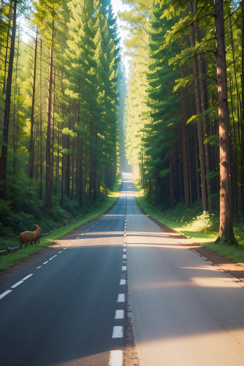 a beautiful road with various animals and a forest