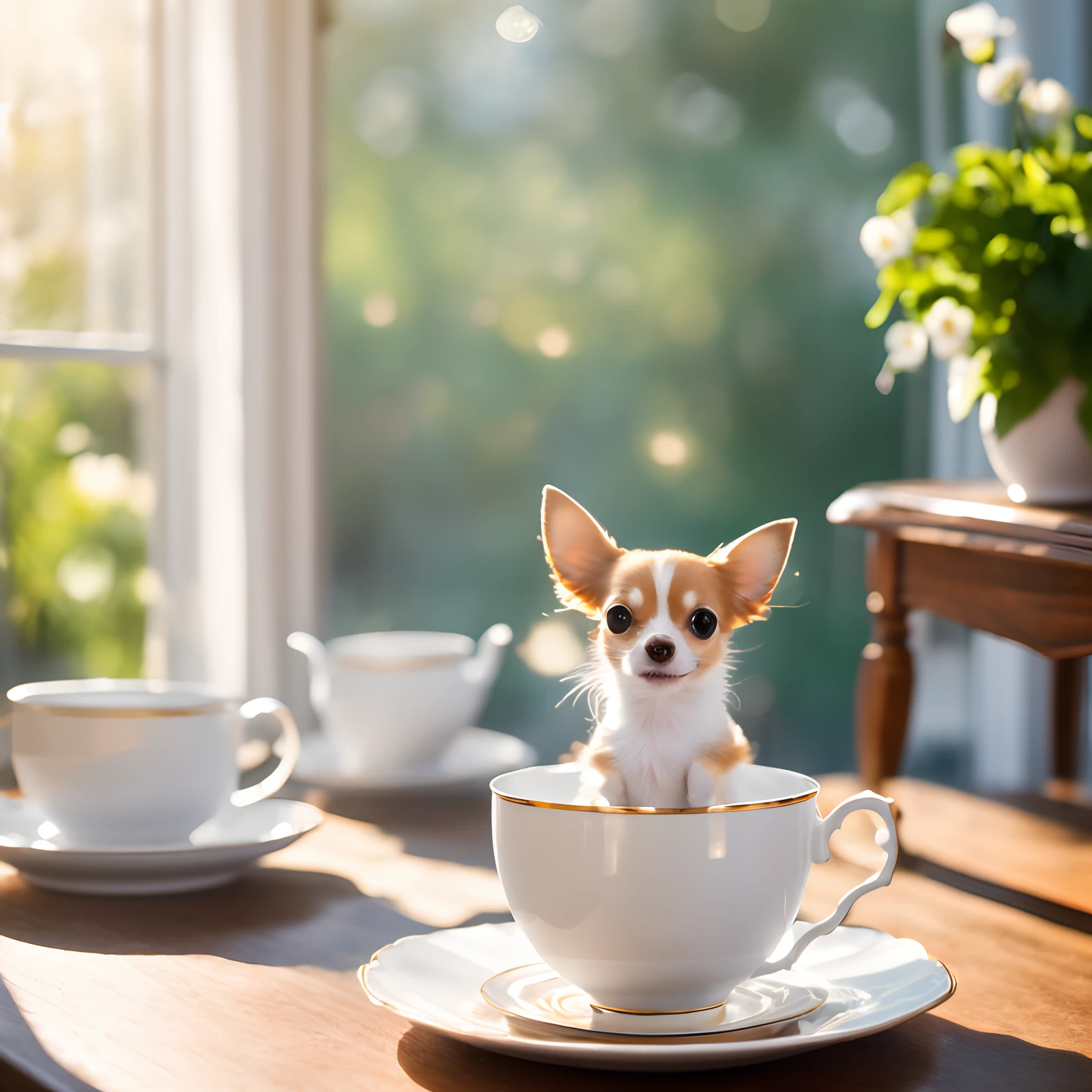 Long coat Chihuahua of white-cream color, (small)))), in a teacup, face out, tongue-sticking out front paws sticking out of teacup, 8k, professional photo, delicate, clear, on the table, in the house, sunshine, light leak, masterpiece, ((((pretty)))