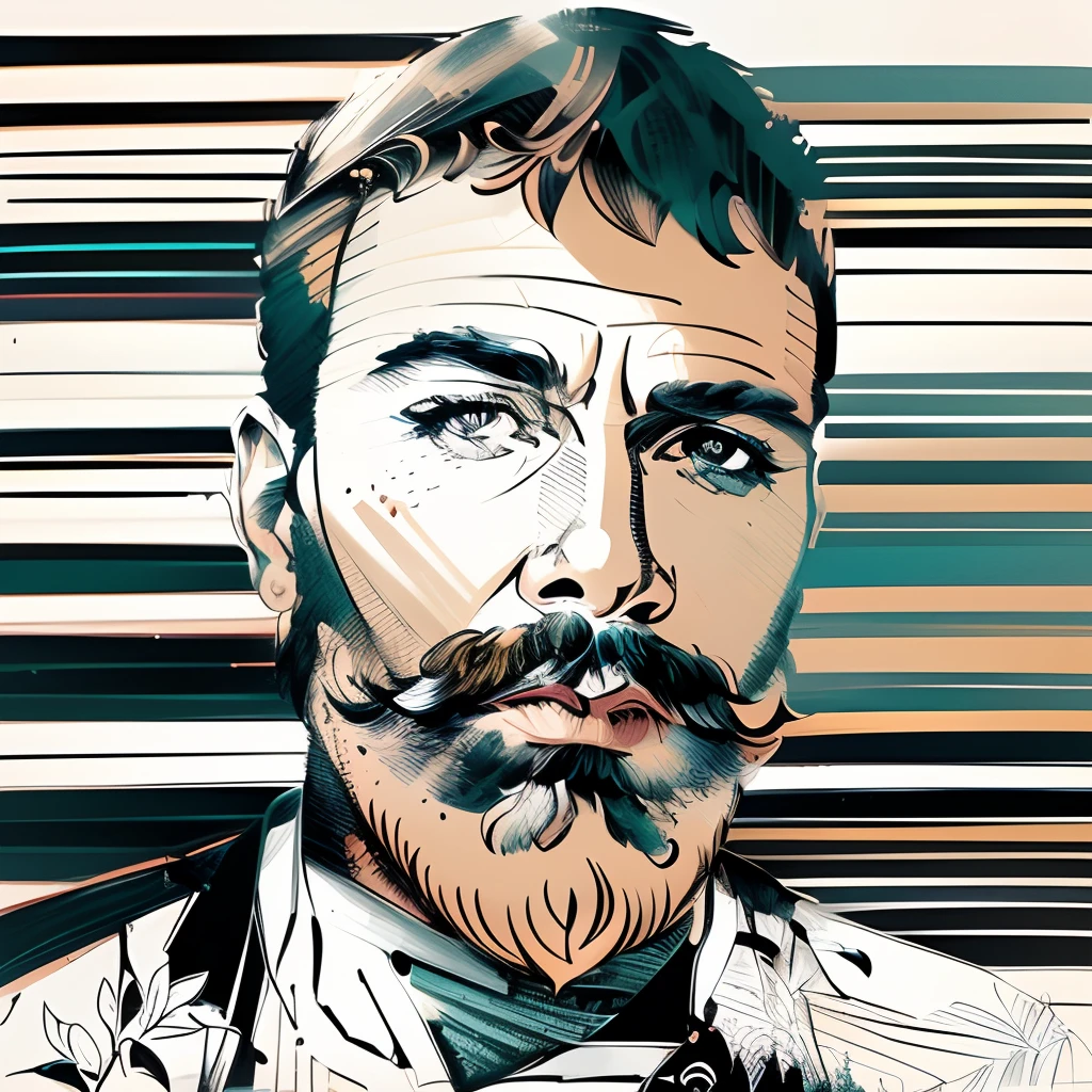 flat vector design, vector illustration, vector portrait, a black and white drawing of a man with a mustache, line art portrait, detailed illustration portrait, portrait illustration, he got a big french musctache, pen - and - ink illustration, pen-and-ink illustration, by Ramón Silva, by João Artur da Silva, extremely detailed man, digital illustration portrait, pen and ink illustration