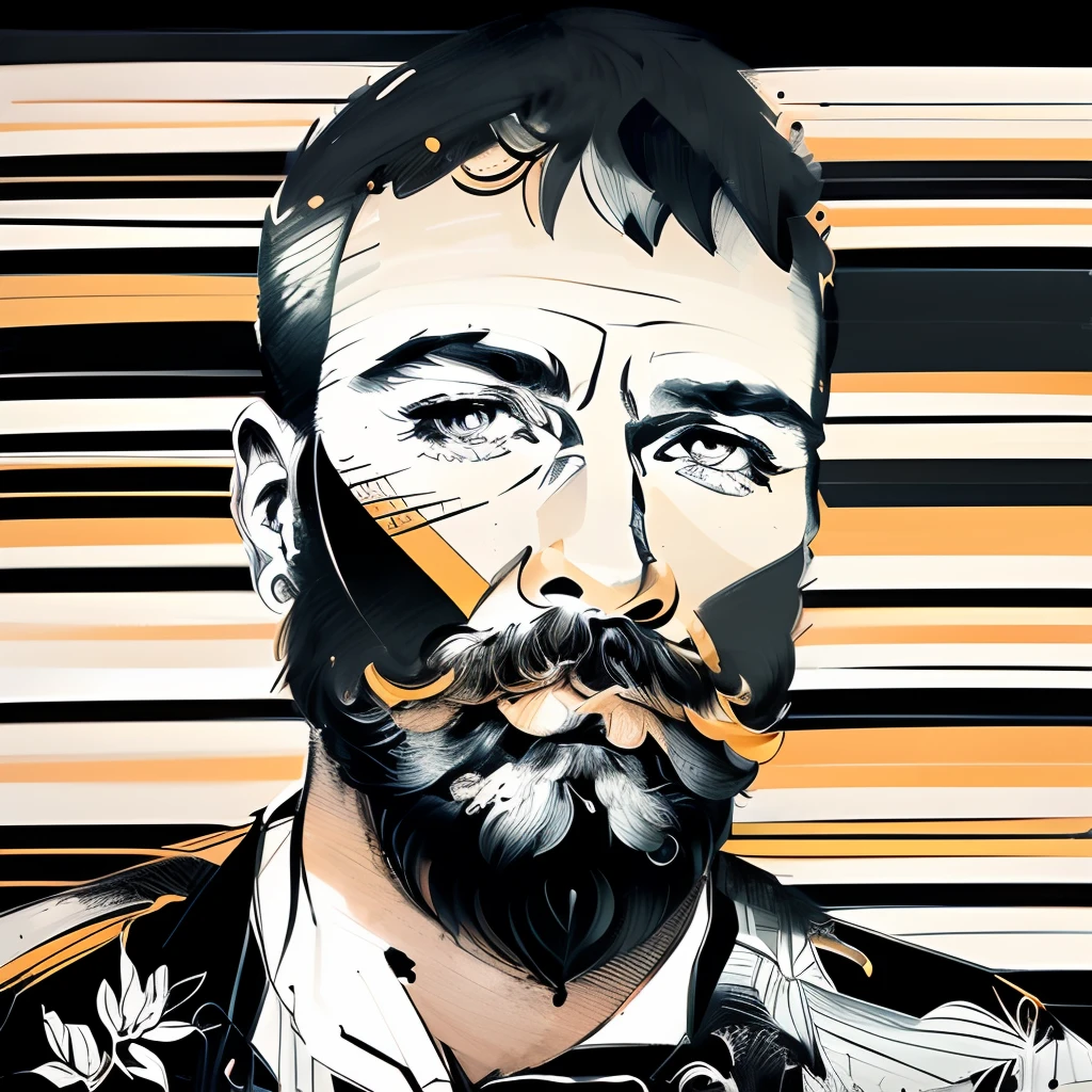 flat vector design, vector illustration, vector portrait, a black and white drawing of a man with a mustache, line art portrait, detailed illustration portrait, portrait illustration, he got a big french musctache, pen - and - ink illustration, pen-and-ink illustration, by Ramón Silva, by João Artur da Silva, extremely detailed man, digital illustration portrait, pen and ink illustration