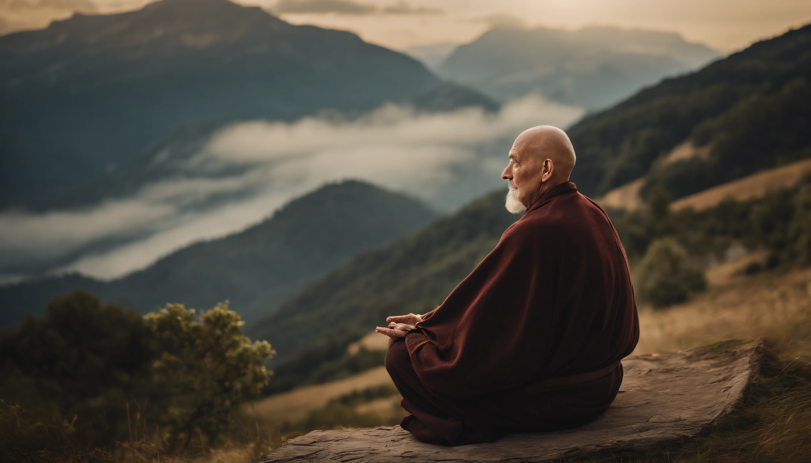 photo of an inspiring setting full of Italian mountains, of a man about 90 years old, bald zen master, on his back meditating, ultra sharp focus, photo realistic, medieval men's clothing, tetrahedral colors (scar:1,4)