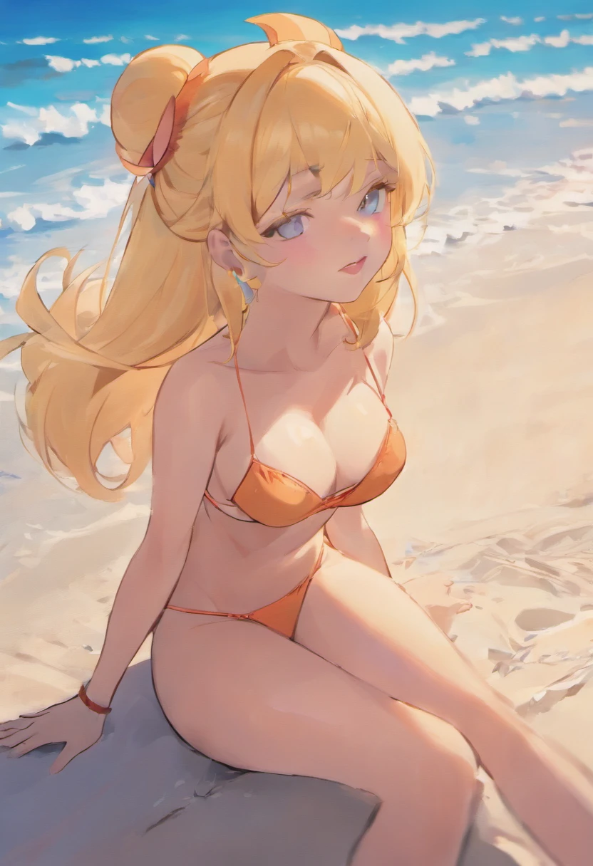 Princess Peach sitting on the beach, Extremely detailed Artgerm, attractive anime girls, Beautiful anime girl, beautiful and seductive anime woman, Beautiful anime woman, Smooth anime CG art, pretty anime girl, in bikini