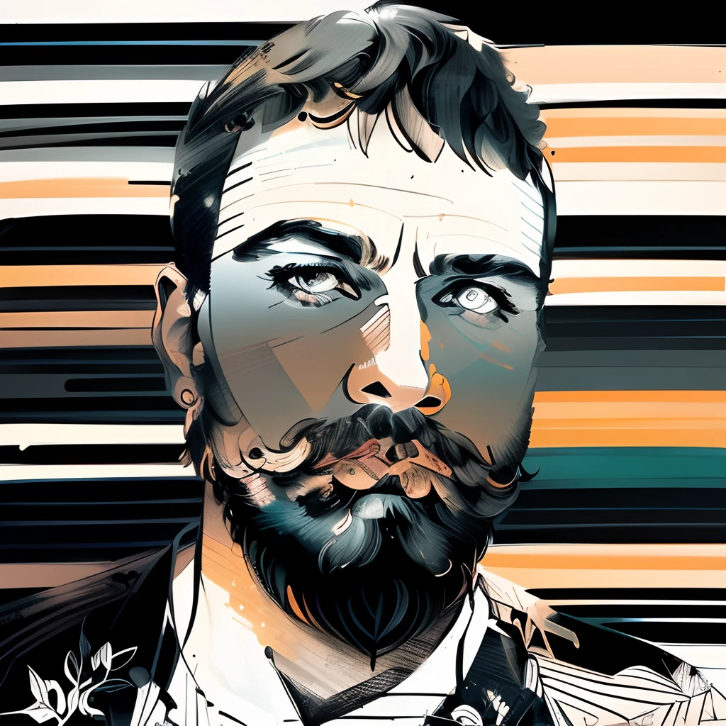 flat vector design, vector illustration, vector portrait, a black and white drawing of a man with a mustache, line art portrait, detailed illustration portrait, portrait illustration, he got a big french musctache, pen - and - ink illustration, pen-and-ink illustration, by Ramón Silva, by João Artur da Silva, extremely detailed man, digital illustration portrait, pen and ink illustration
