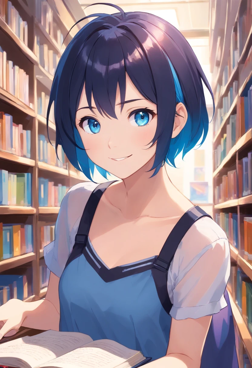 top-quality, masterpiece, ultra-detailliert, girl with, 独奏, evil smile,Blue eyes,(Black and blue mesh hair), (Reading books in the library),short-cut, multicolored hair、small tits、(neuter)、a pixie cut、a cool、hair over eyes、hair between eye、Blue eyes