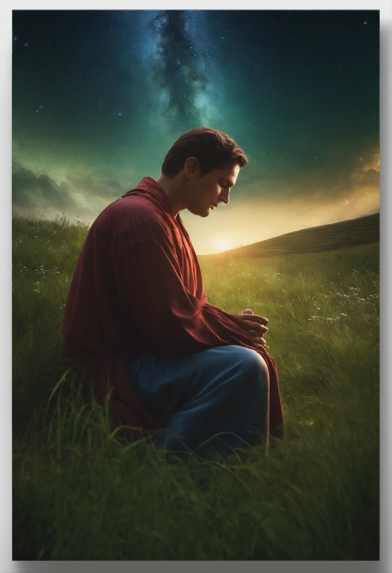 A person in prayer and in tune with God in the grass and with the sky full of galaxies image in 4k and realistic