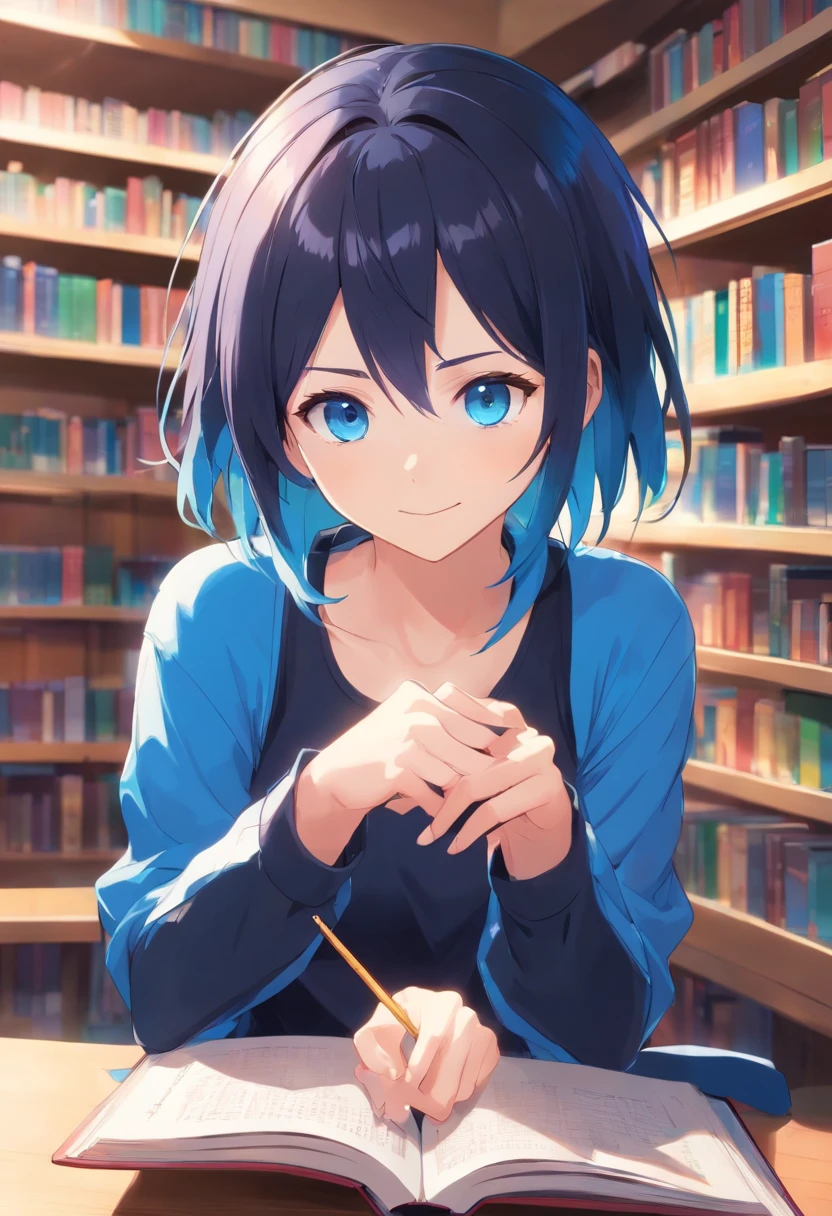 top-quality, masterpiece, ultra-detailliert, girl with, 独奏, evil smile,Blue eyes,(Black and blue mesh hair), (Reading books in the library),short-cut, multicolored hair、small tits、(neuter)、a pixie cut、a cool、hair over eyes、hair between eye、Blue eyes、natta、long-sleeve