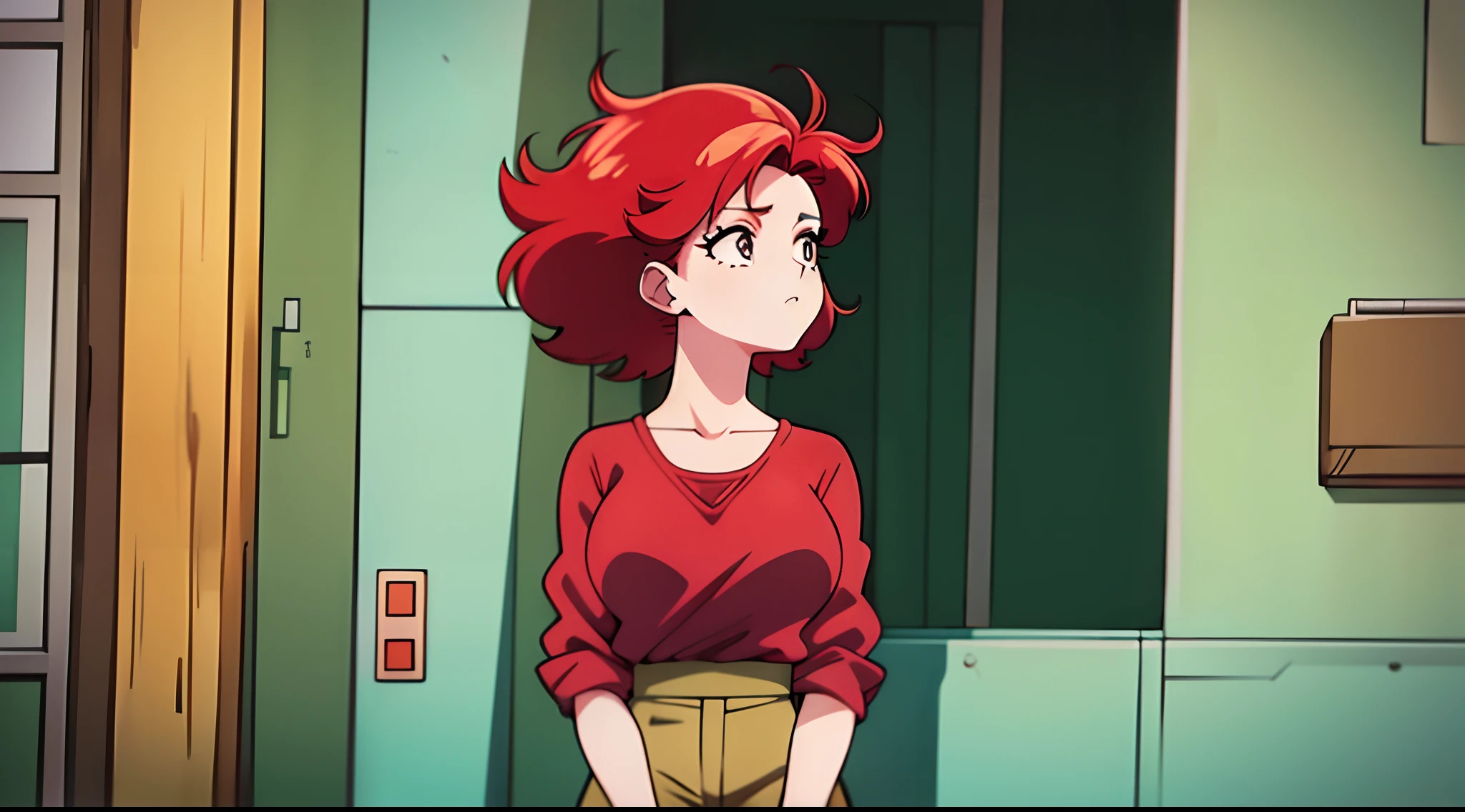 a woman with red hair and a green shirt in front of a building, menina lofi, 8 0 s vibe anime, anime vibes, Digital anime illustration, retro anime girl, menina anime sedutora, Elogio Artstyle, no estilo de arte do anime 8 0 s, estilo anime. 8k, arte digital do anime cyberpunk, estilo anime 4K