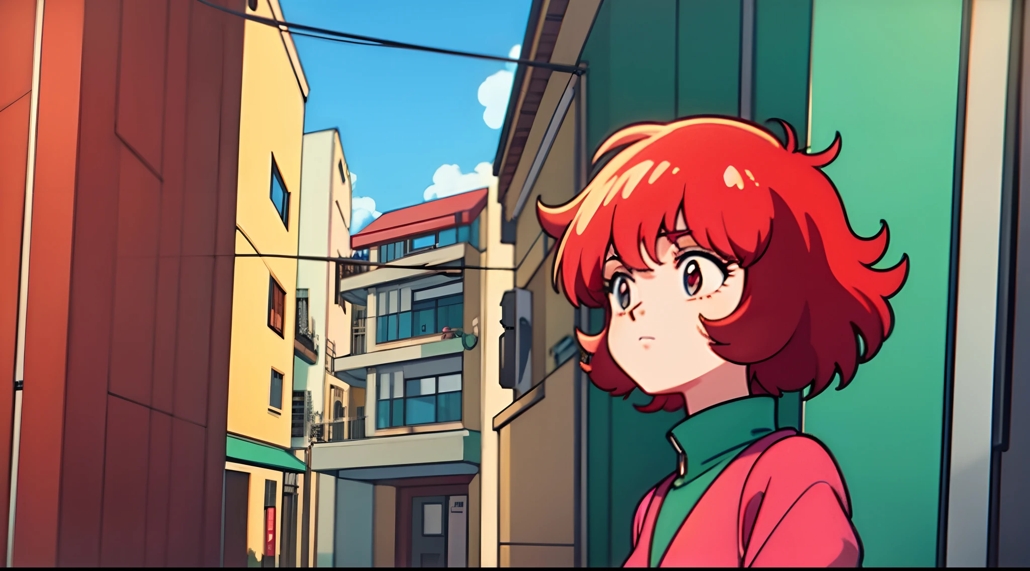 a woman with red hair and a green shirt in front of a building, lofi, 8 0 s vibe anime, anime vibes, Digital anime illustration, retro anime girl, menina sedutora, Elogio Artstyle, no estilo de arte do anime 8 0 s, estilo anime. 8k, arte digital do anime cyberpunk, estilo anime 4K
